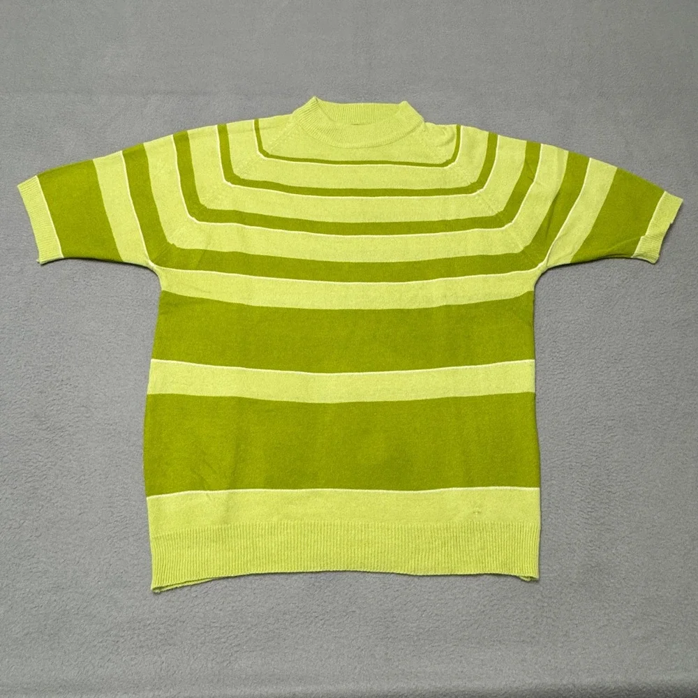 Gertz Knit Sweater Mens Large Green Striped Short Sleeve Acrylic Vintage 70s 80s